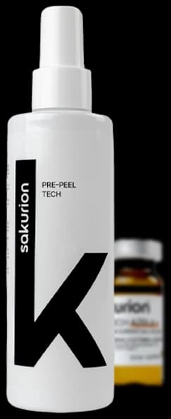 Peel Tech — the Pre-Peel Tech spray bottle with the k monogram, an amber Azela+ vial behind it.