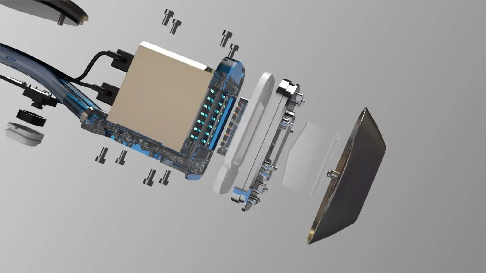 Factory animation of the LazePro Ultra+ handpiece: its components converge, the white shell closes around them, then the view travels to the handpiece screen.